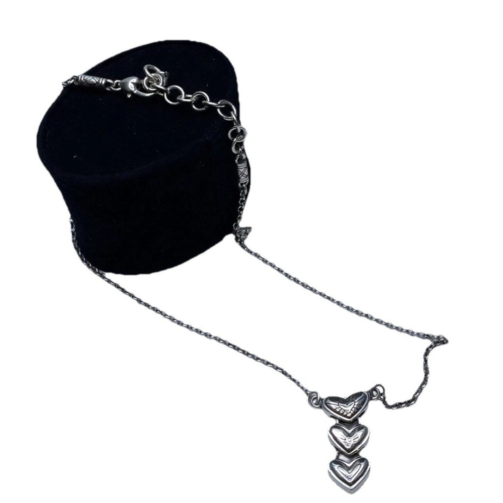 Brighton Triple Heart Pendant Necklace Silver‎ Tone Etched Link Chain Adjustable - Picture 2 of 5